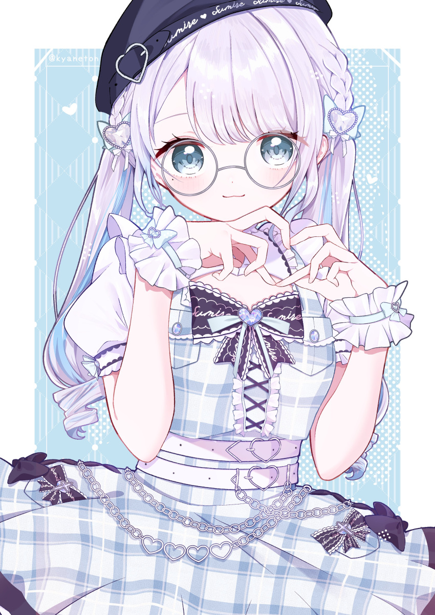 1girl, :3, absurdres, beret, black_headwear, blue_background, blue_hair, blush