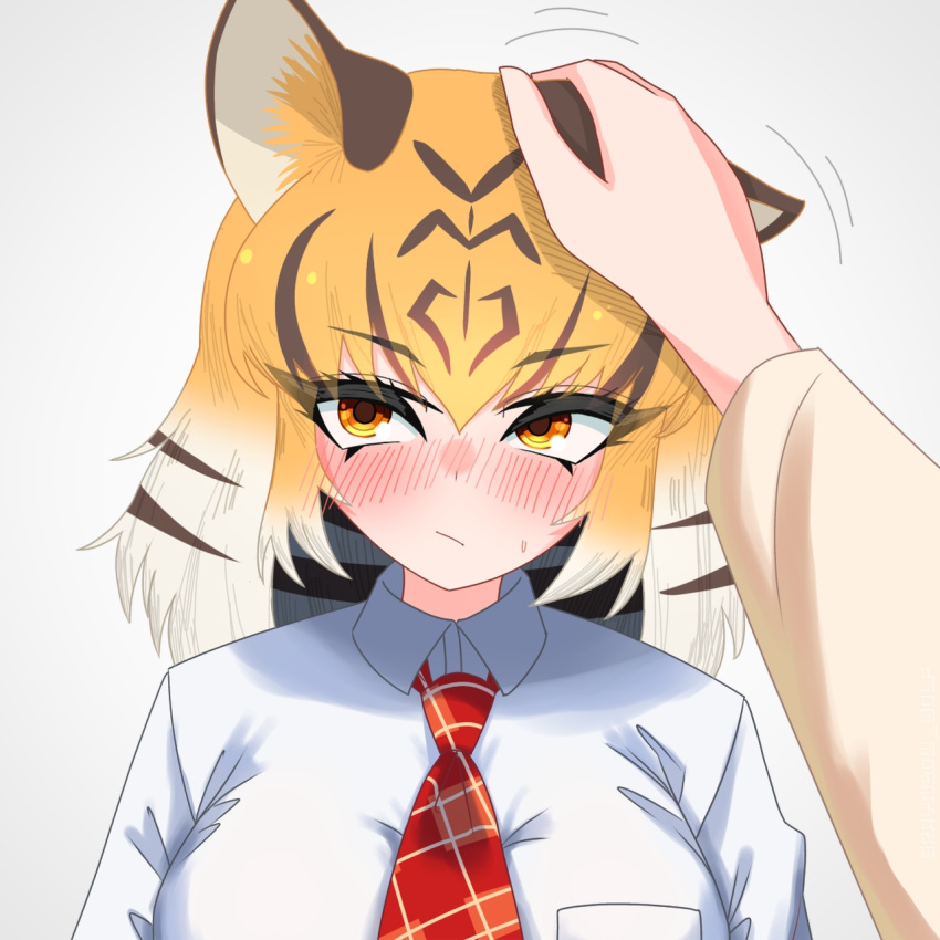 1girl, animal_ears, black_hair, blush, collared_shirt, disembodied_limb, hair_between_eyes, hand_on_another's_head