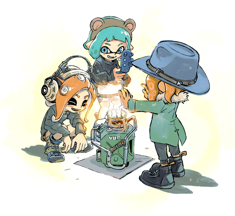 3girls, :d, ^_^, animal_ears, aqua_coat, aqua_hair, bear_ears, black_footwear, black_sweater, blue_eyes, blue_headwear, boots, cellphone, closed_eyes, coat, cowboy_hat, explosher_(splatoon), fake_animal_ears, flip_phone, fur_collar, grey_pants, grey_sweater, hat, headphones, holding, holding_phone, inkling_girl, inkling_player_character, long_hair, long_sleeves, multiple_girls, muramasa_mikado, octoling_girl, octoling_player_character, open_mouth, orange_hair, outstretched_arms, pants, phone, pointy_ears, shadow, short_hair, sleeves_past_wrists, smile, splatoon_(series), squatting, standing, suction_cups, sweater, sweatpants, teeth, tentacle_hair