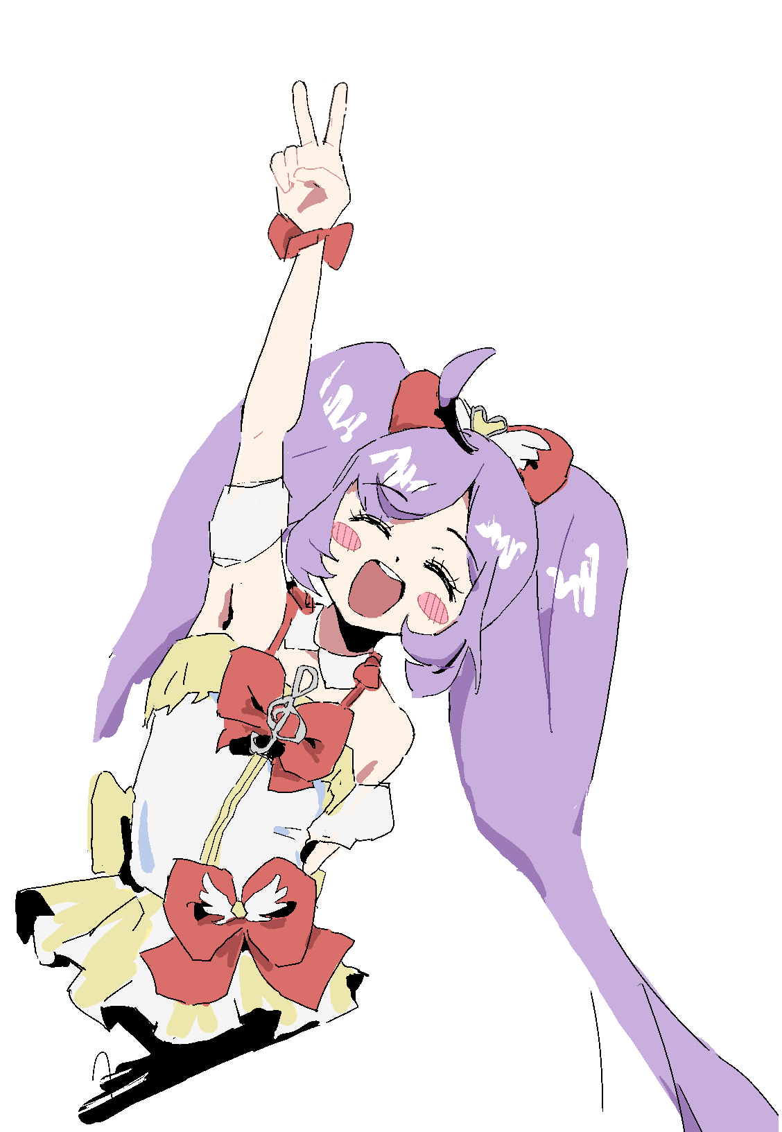 1girl, :d, ^_^, ahoge, arm_behind_back, arm_up, bare_shoulders, bow, closed_eyes, cropped_torso, facing_viewer, hair_bow, highres, idol_clothes, long_hair, manaka_laala, open_mouth, outstretched_arm, pretty_series, pripara, purple_hair, red_bow, simple_background, smile, solo, treble_clef, twintails, urymski, v, very_long_hair, white_background