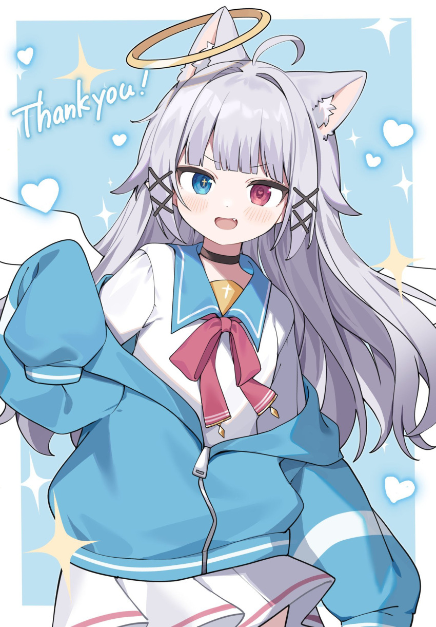 1girl, ahoge, animal_ear_fluff, animal_ear_request, animal_ears, black_choker, blue_eyes, blue_jacket