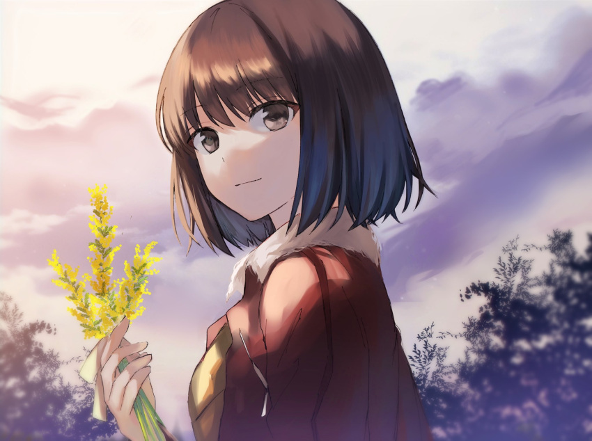 1girl, arms_at_sides, bomber_jacket, brown_eyes, brown_hair, closed_mouth, clouds, cloudy_sky, d_twt_b, evening, flower, from_side, fur-trimmed_jacket, fur_trim, hair_between_eyes, highres, holding, holding_flower, jacket, kara_no_kyoukai, looking_at_viewer, medium_hair, open_clothes, open_jacket, outdoors, red_jacket, ryougi_shiki, shirt, sky, smile, solo, tree, upper_body, yellow_flower, yellow_shirt