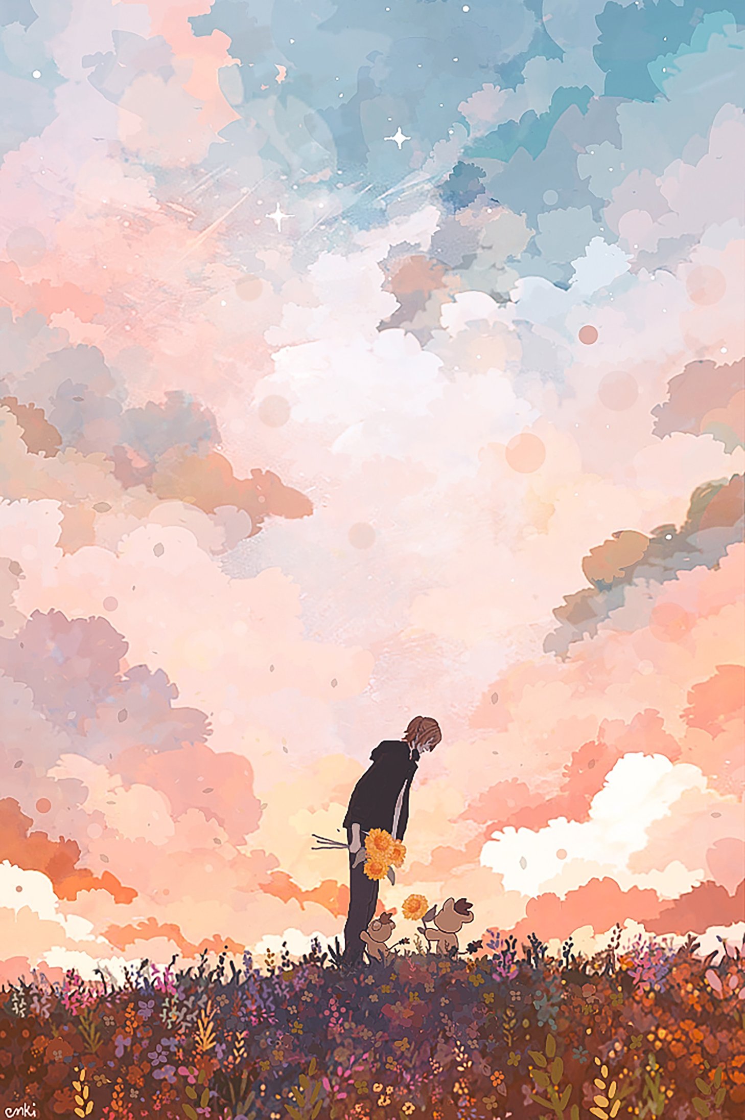 1boy, arms_at_sides, black_jacket, black_pants, brown_hair, clouds, cloudy_sky, creature