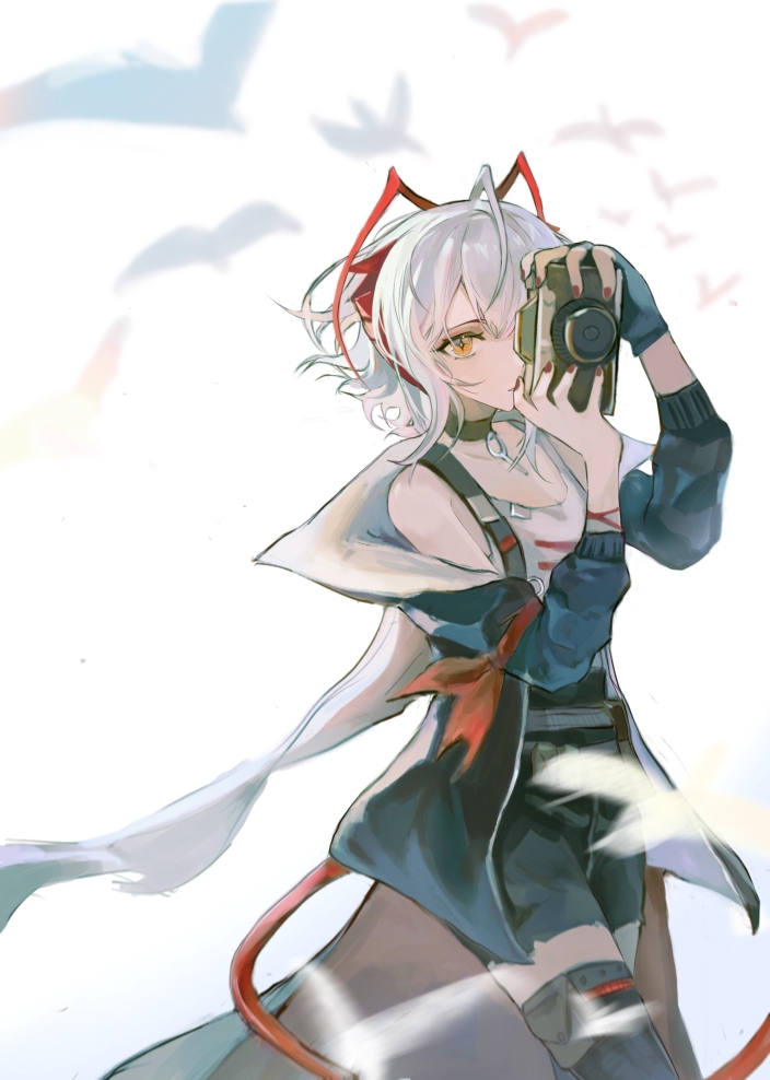 1girl, antennae, arknights, bird, black_choker, black_gloves, black_jacket, black_shorts