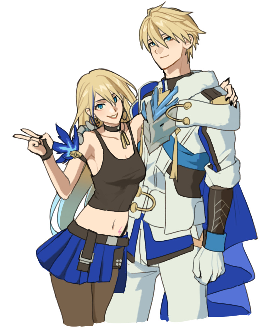1boy, 1girl, black_choker, black_shirt, blonde_hair, blue_eyes, blue_skirt, brother_and_sister, choker, earrings, gepard_landau, gloves, highres, honkai:_star_rail, honkai_(series), jewelry, long_hair, navel, pantyhose, pleated_skirt, serval_landau, shie0229, shirt, short_hair, siblings, skirt, smile, tank_top, white_background, white_gloves