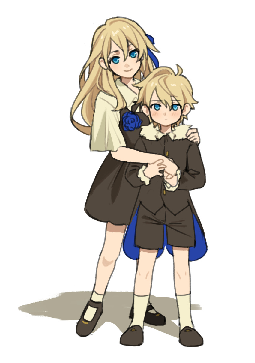 1boy, 1girl, black_shorts, black_skirt, blonde_hair, blue_eyes, brother_and_sister, full_body
