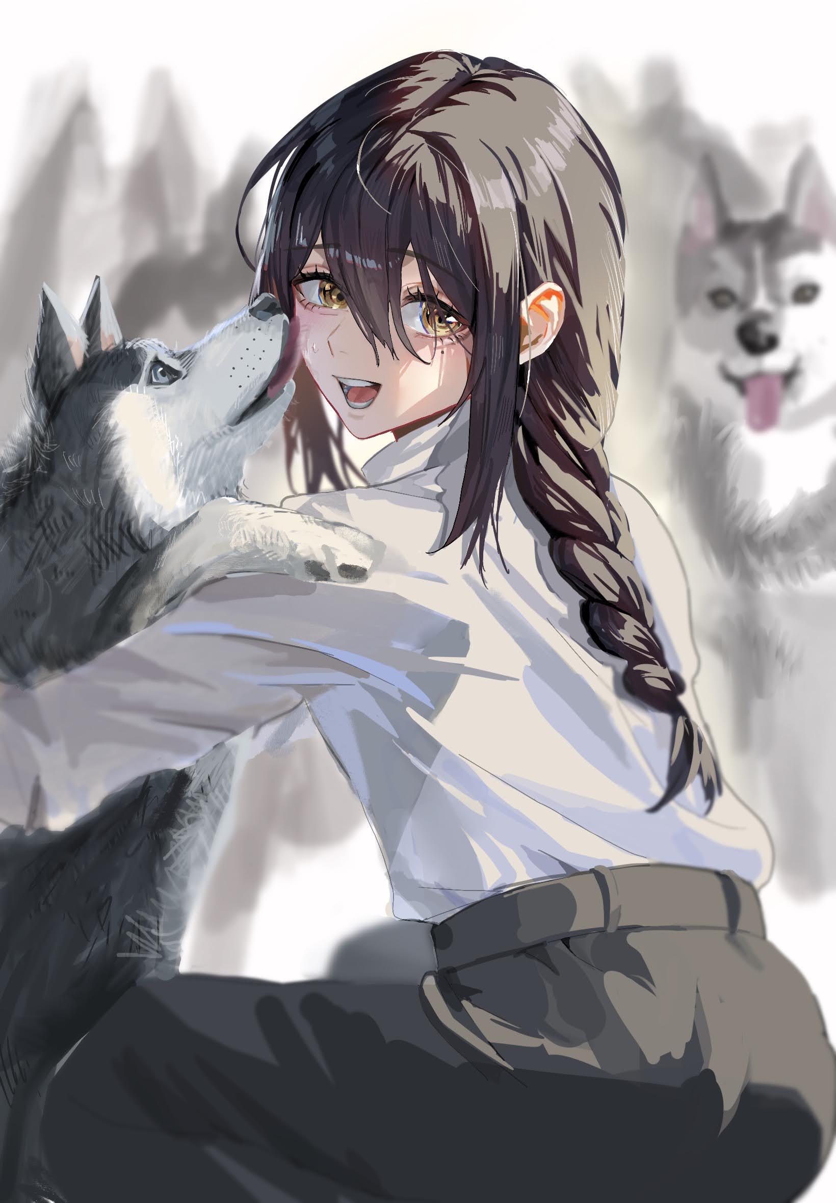 1girl, black_hair, black_pants, braid, braided_ponytail, chainsaw_man, dog, highres