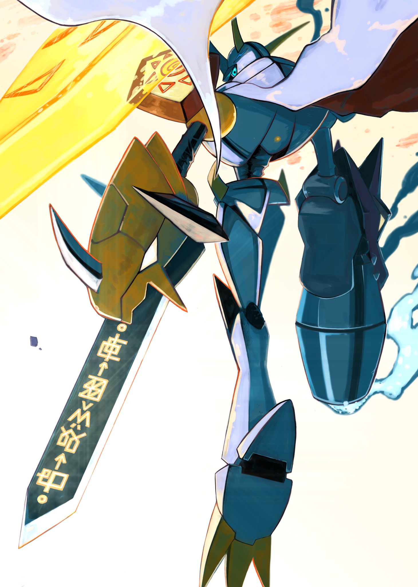 analog_boy02, arm_blade, arm_cannon, blue_eyes, cape, digimon, energy_barrier, energy_shield