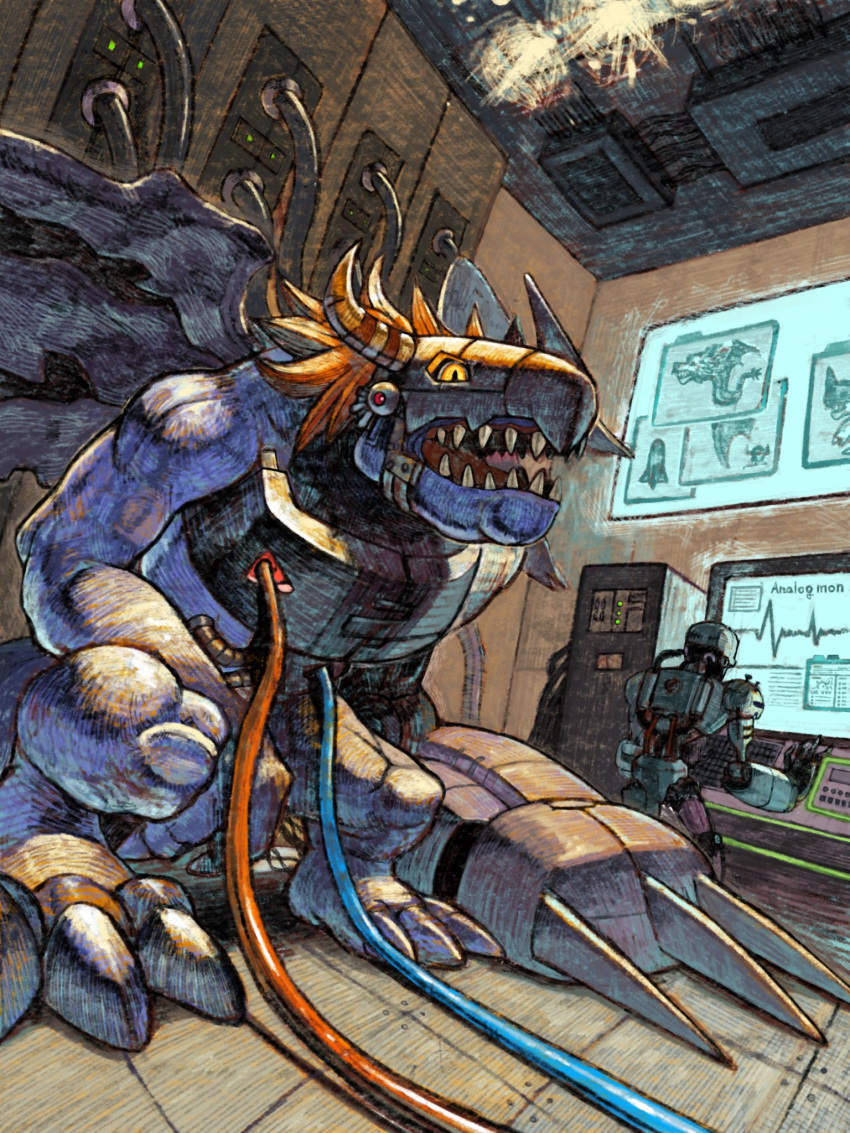 airdramon, analog_boy02, andromon, blue_skin, cable, colored_skin, computer, digimon