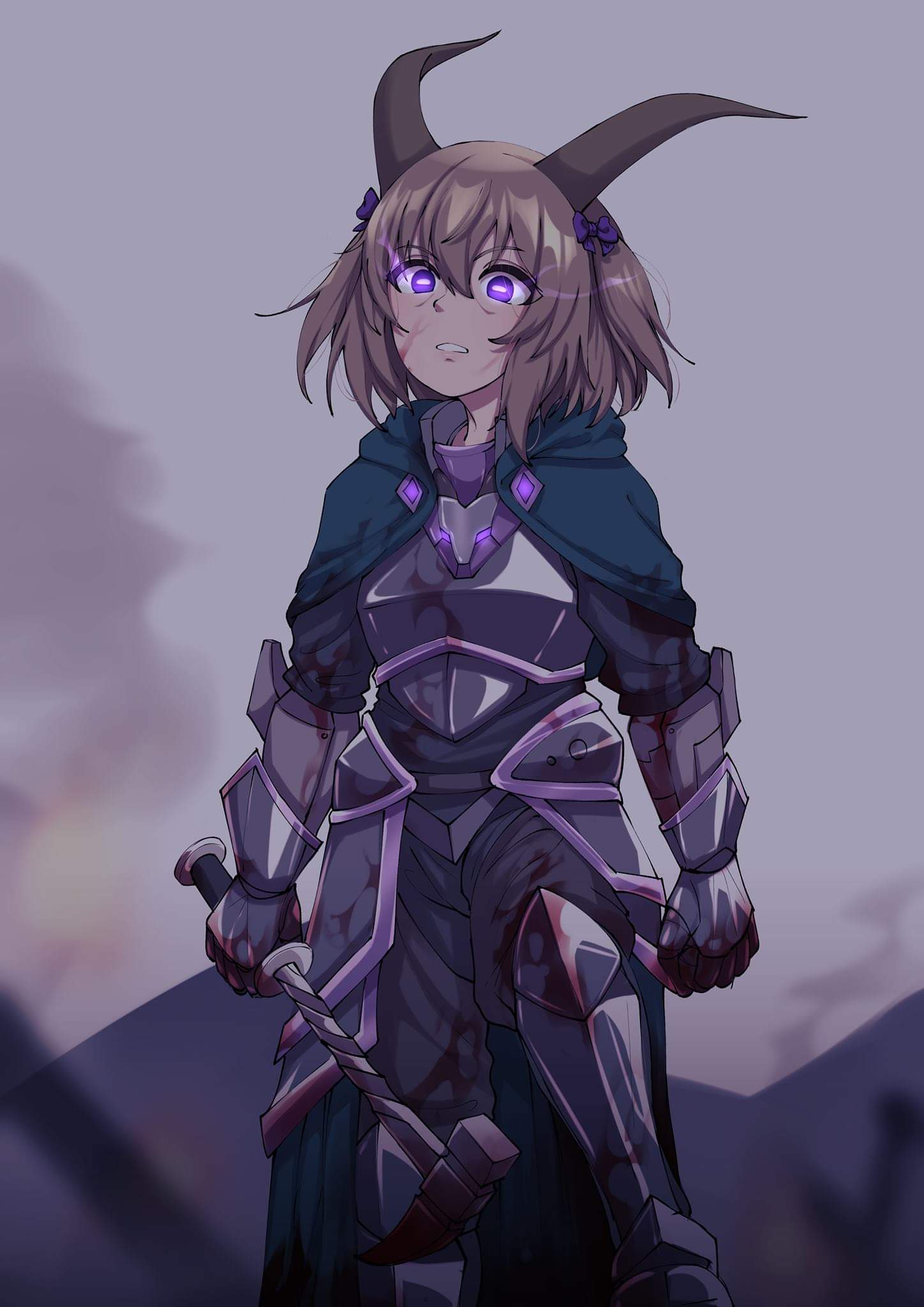 1girl, arm_guards, armor, armored_boots, blood, blood_on_armor, blood_on_face, blood_on_weapon