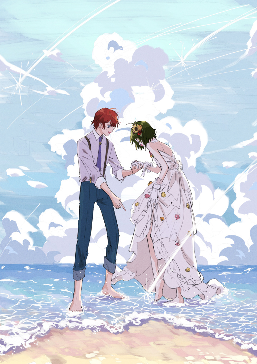 1boy, 1girl, barefoot, beach, blue_eyes, blue_pants, bride, choker