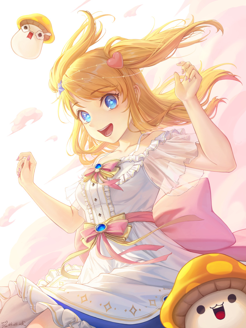 1girl, absurdres, bantish, blonde_hair, blue_eyes, breasts, chinese_commentary, commentary_request, dress, hands_up, highres, long_hair, medium_breasts, mushroom, nail_polish, open_mouth, original, pink_sash, purple_nails, sash, smile, solo, star-shaped_pupils, star_(symbol), symbol-shaped_pupils, two_side_up, white_dress