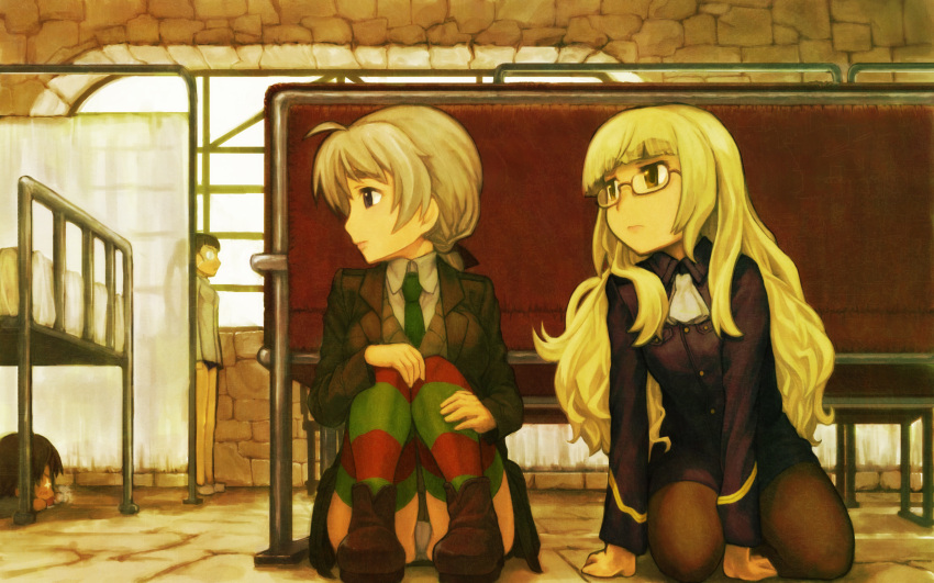 4girls, absurdres, bed, black_hair, blonde_hair, braid, breath, brown_hair