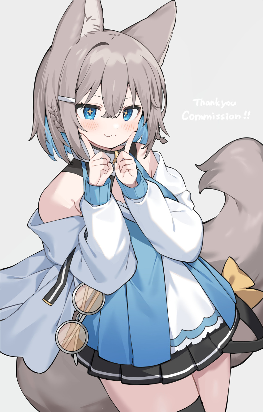 1girl, :3, absurdres, animal_ears, bare_shoulders, black_skirt, black_thighhighs, blue_eyes