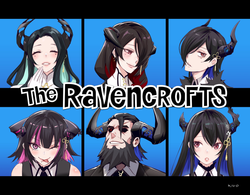 2boys, 4girls, aradia_ravencroft, asymmetrical_horns, black_hair, black_suit, blue_hair, closed_eyes