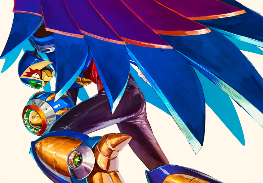 1boy, arm_cannon, beak, cairngorm999, claws, forehead_jewel, from_behind, helmet