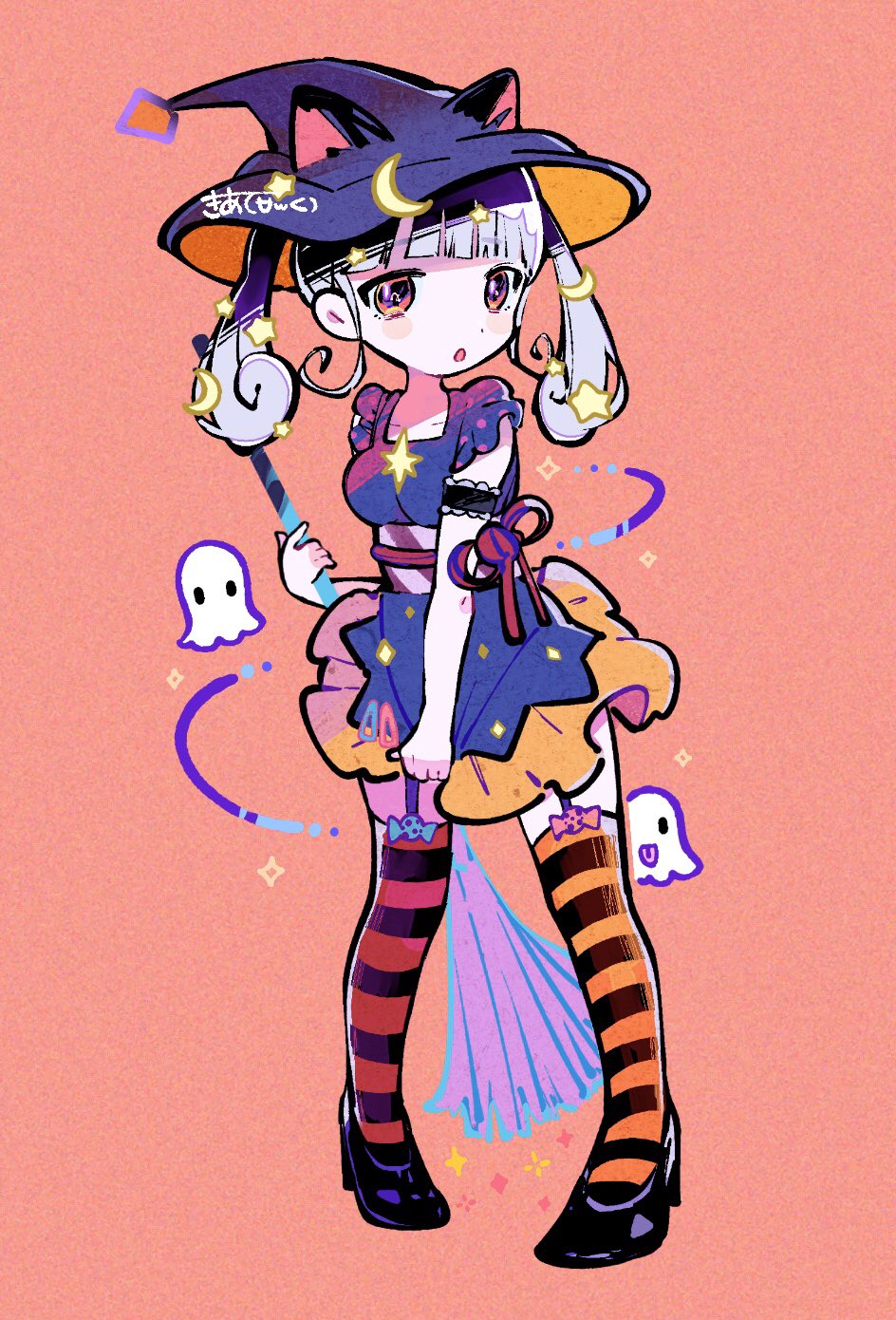 1girl, animal_ears, black_footwear, blunt_bangs, breasts, broom, cat_ears, crescent
