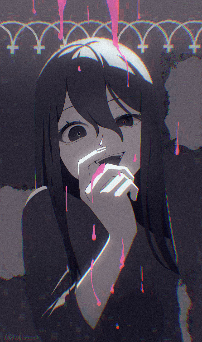 1girl, absurdres, black_eyes, black_hair, blood, blood_on_face, evil_smile, hair_between_eyes, highres, long_hair, loveit?_(biz), monochrome, redhaaaat, smile