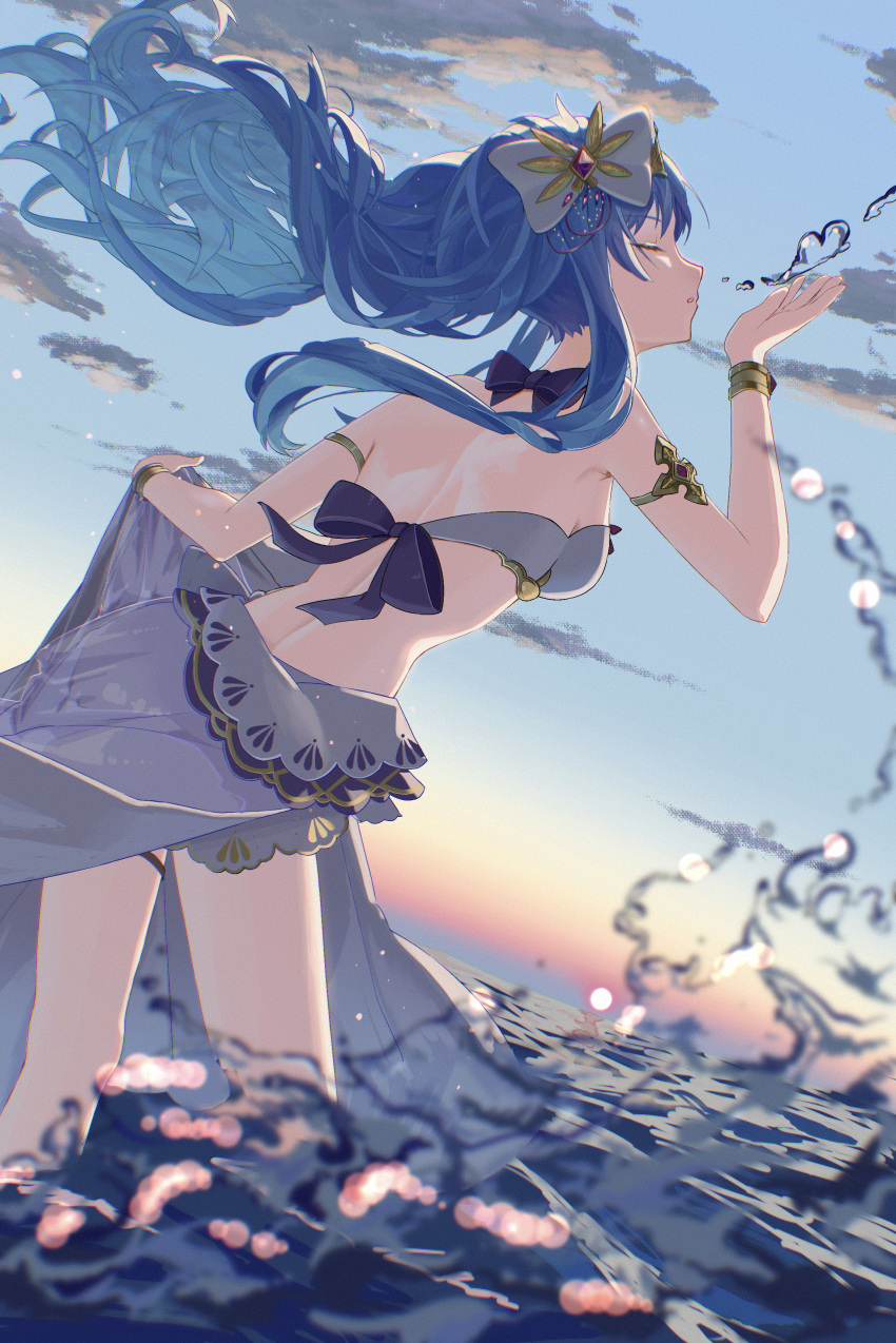 1girl, absurdres, bikini, blue_hair, blue_sky, breasts, cinderella, closed_eyes