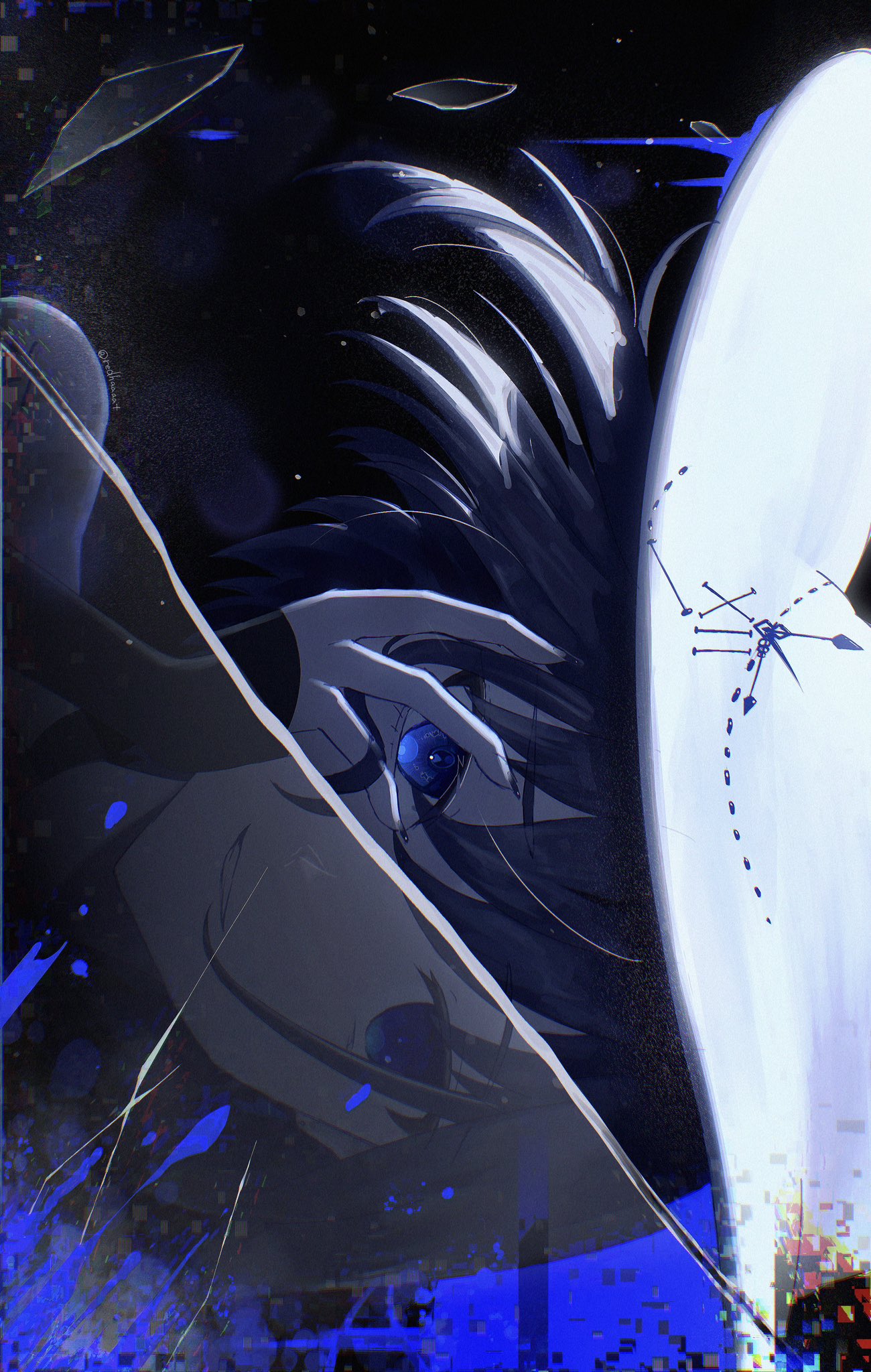 1girl, black_background, black_hair, blue_eyes, hat, highres, hololive, hololive_english