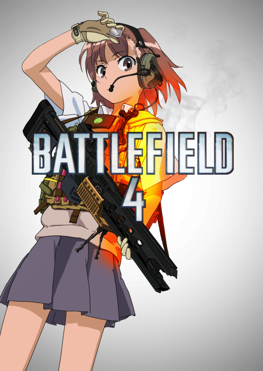 1girl, battlefield_(series), battlefield_4, blue_skirt, body_armor, brown_eyes, brown_hair, brown_sweater_vest, coin, collared_shirt, commentary_request, copyright_name, cowboy_shot, gekota, gloves, gun, headphones, headset, highres, holding, holding_gun, holding_weapon, looking_at_viewer, magazine_(weapon), medium_hair, miniskirt, misaka_mikoto, patch, photoshop_(medium), plate_carrier, pleated_skirt, push-to-talk_device, radio, railgun, school_uniform, science_fiction, shirt, short_sleeves, skirt, solo, standing, summer_uniform, sweater_vest, tianran_jiyou, toaru_kagaku_no_railgun, toaru_majutsu_no_index, tokiwadai_school_uniform, translated, walkie-talkie, weapon, white_shirt