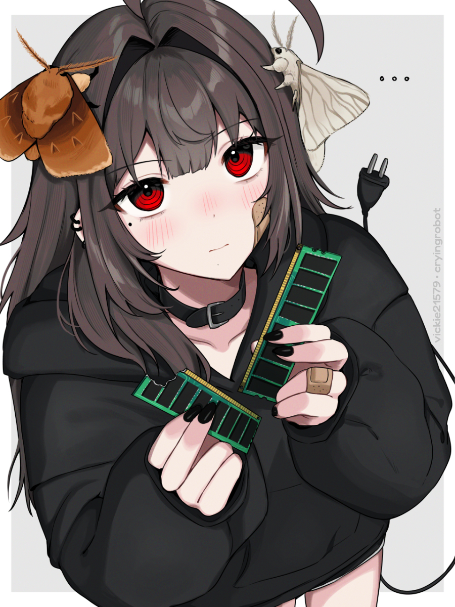 ..., 1girl, ahoge, animal_on_head, artist_name, bandaid, bandaid_on_face, belt_collar