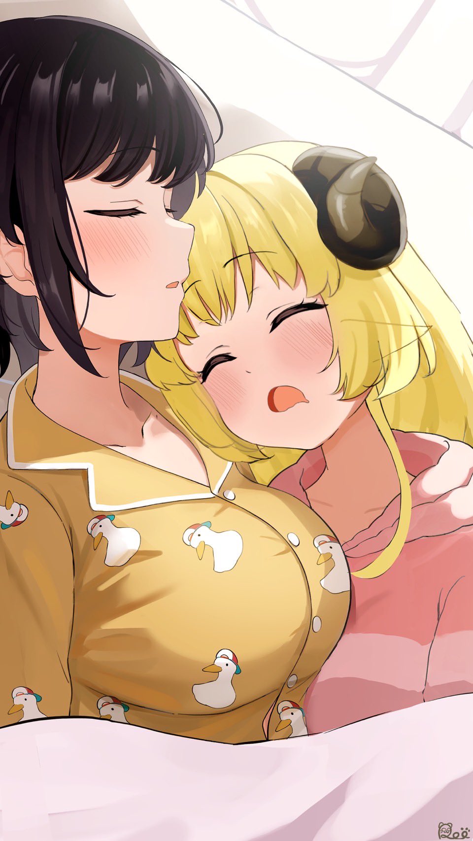 2girls, black_hair, blonde_hair, blush, closed_eyes, drooling, highres, hololive