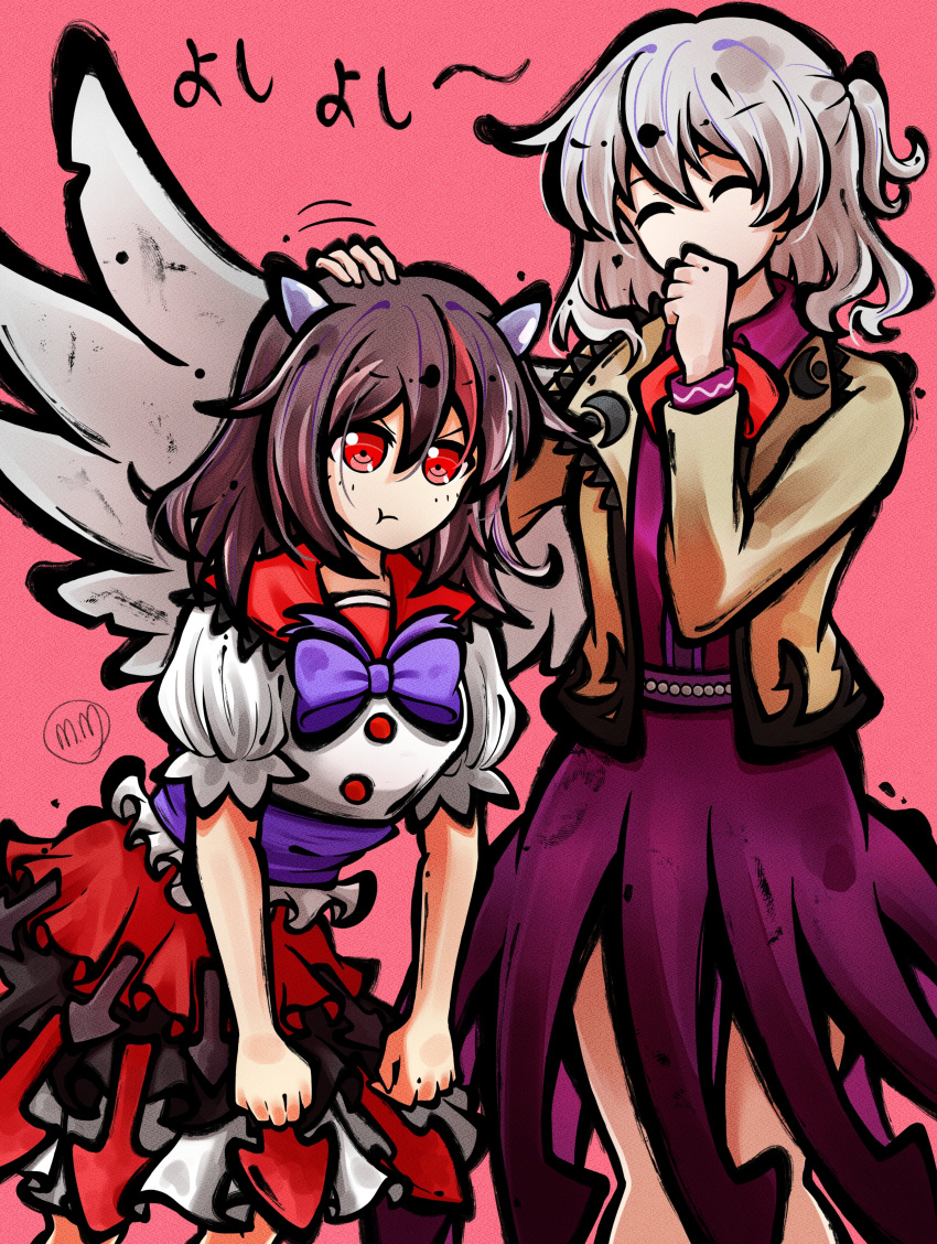2girls, absurdres, angel_wings, black_hair, bow, bowtie, clenched_hands, closed_eyes, closed_mouth, commentary, commission, cone_horns, covering_own_mouth, dress, grey_hair, grey_horns, grey_wings, headpat, highres, horns, jacket, kijin_seija, kishin_sagume, long_hair, long_sleeves, moguman, multicolored_hair, multiple_girls, open_clothes, open_jacket, pout, puffy_short_sleeves, puffy_sleeves, purple_bow, purple_bowtie, purple_dress, red_background, red_bow, red_bowtie, red_eyes, redhead, short_sleeves, single_wing, small_horns, streaked_hair, suit_jacket, touhou, wings
