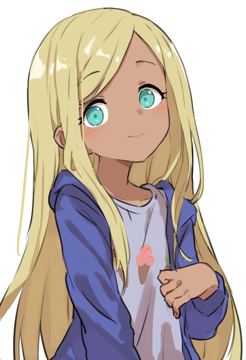 1girl, absurdres, aqua_eyes, blonde_hair, blue_jacket, blush, breasts, closed_mouth, collarbone, commentary, dark-skinned_female, dark_skin, dot_nose, gazacy_(dai), hand_up, highres, ice_cream_print, idolmaster, idolmaster_cinderella_girls, idolmaster_cinderella_girls_starlight_stage, jacket, layla_(idolmaster), long_hair, long_sleeves, looking_at_viewer, open_clothes, open_jacket, print_shirt, purple_shirt, shirt, simple_background, small_breasts, smile, solo, upper_body, white_background