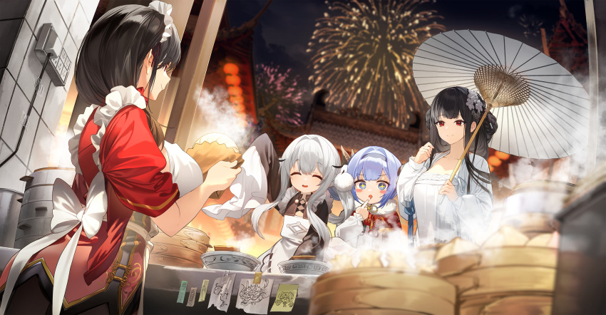 4girls, aerial_fireworks, apron, architecture, artist_request, azur_lane, bamboo_steamer, baozi