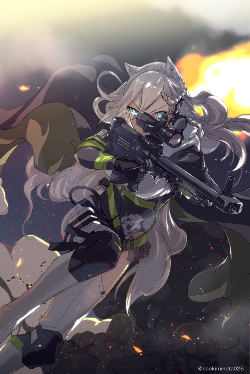 1girl, aiming, animal_ears, black_cape, blue_eyes, bolt_action, braid, cape