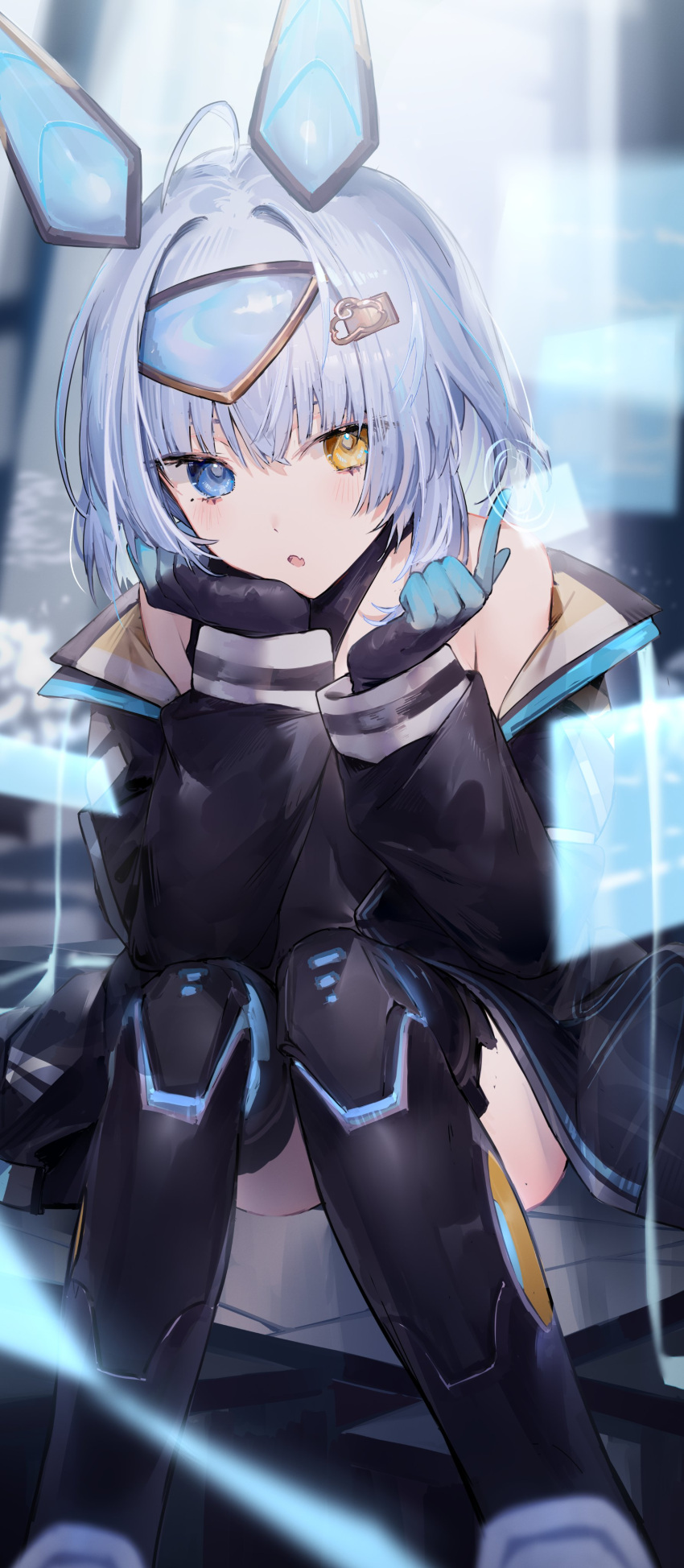 1girl, absurdres, ahoge, animal_ears, bare_shoulders, black_coat, black_footwear, black_gloves