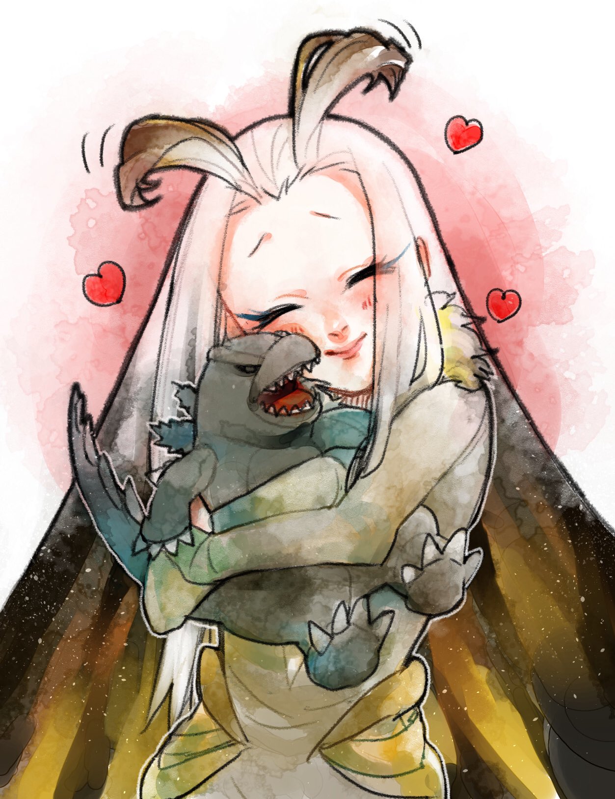 1girl, alternate_size, animal, annoyed, antenna_hair, black_hair, blonde_hair, blush