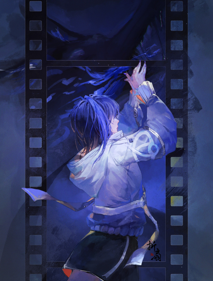 1girl, abstract_background, absurdres, black_shorts, blue_hair, blue_nails, chinese_commentary, commentary