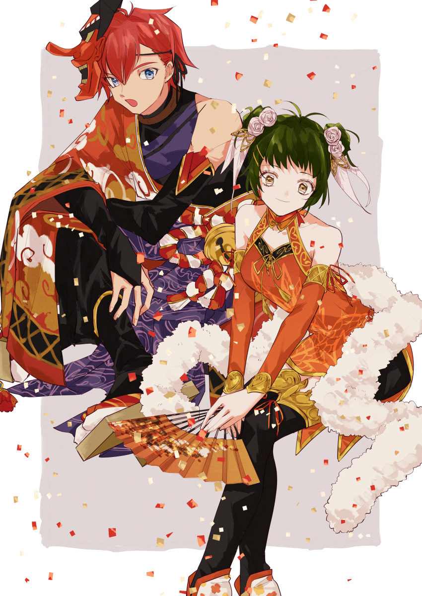 1boy, 1girl, absurdres, bare_shoulders, blue_eyes, brown_eyes, china_dress, chinese_clothes