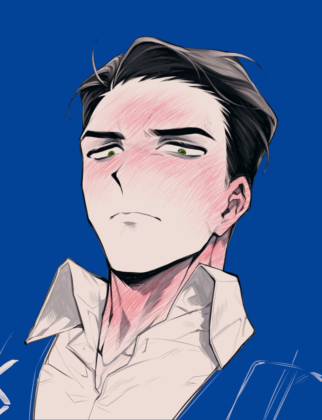 1boy, black_hair, blending, blue_background, blue_vest, blush, closed_mouth, collared_shirt, full-face_blush, green_eyes, highres, limbus_company, looking_at_viewer, looking_down, male_focus, meursault_(project_moon), nyak_138, project_moon, shirt, simple_background, solo, upper_body, vest, white_shirt
