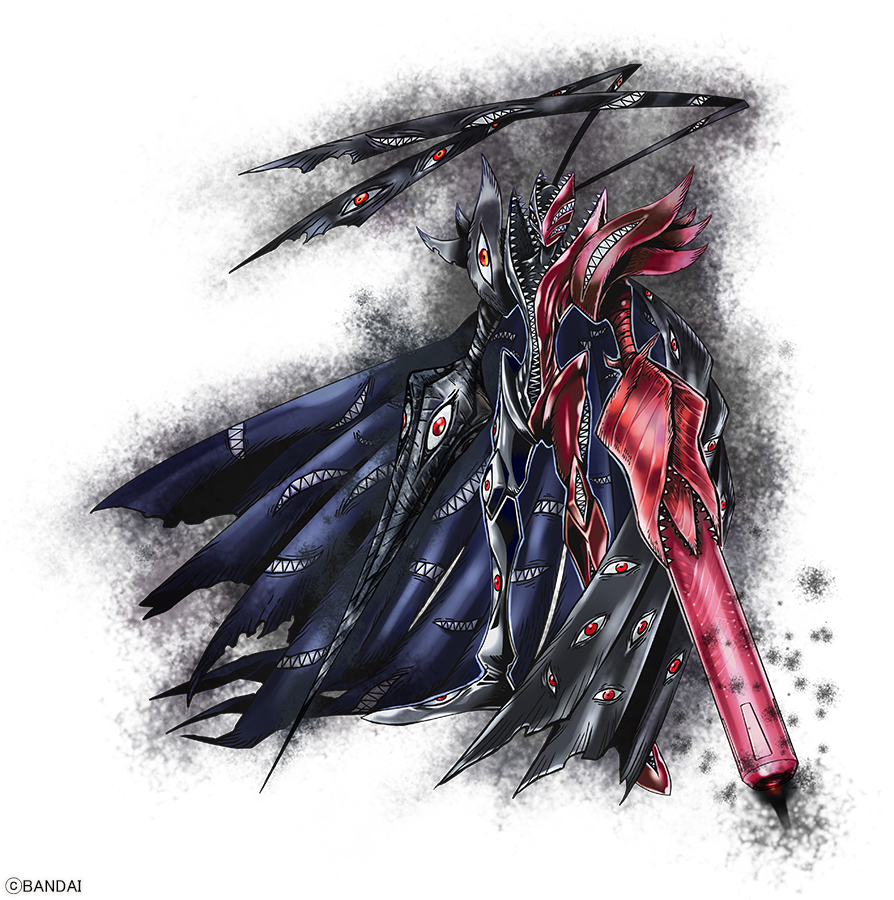abbadomon, abbadomon_core, arm_blade, arm_cannon, bandages, black_cape, black_skin, cape