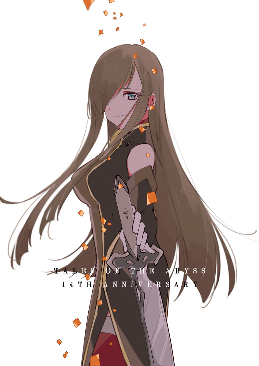 1girl, absurdres, anniversary, bare_shoulders, blue_eyes, blush, breasts, brown_arm_warmers