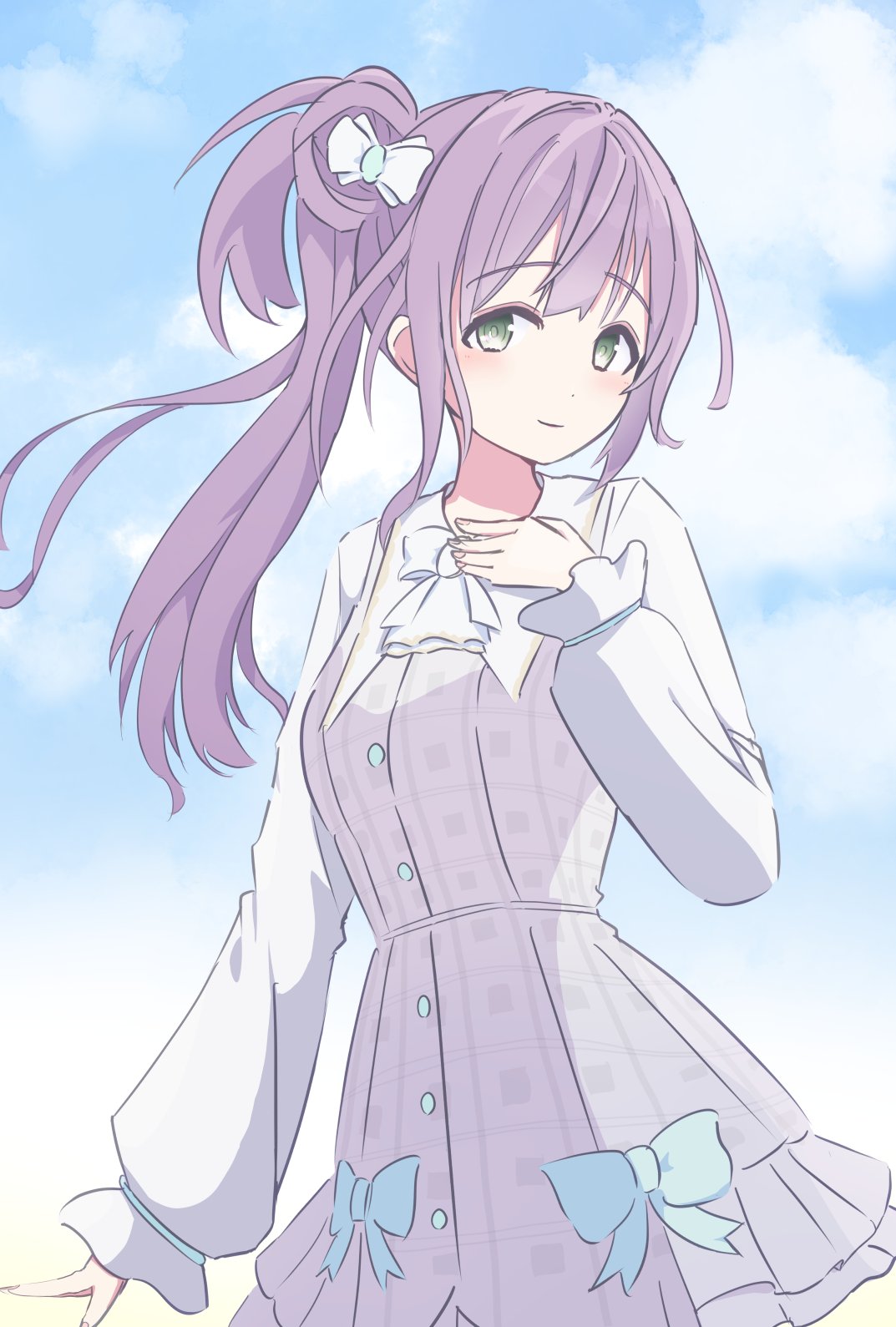 1girl, :d, arm_at_side, blue_sky, blush, bow, bowtie, closed_mouth, clouds, cloudy_sky, cowboy_shot, dot_nose, floating_hair, green_eyes, hair_bow, hand_on_own_chest, highres, junnatsu, link!_like!_love_live!, long_bangs, long_hair, long_sleeves, looking_at_viewer, love_live!, otomune_kozue, outdoors, pleated_skirt, ponytail, purple_hair, shirt, sidelocks, skirt, sky, smile, solo, white_bow, white_bowtie, white_shirt, white_skirt