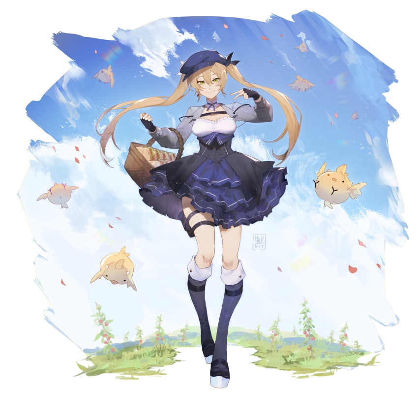 1girl, basket, black_gloves, blonde_hair, blue_footwear, blue_headwear, blue_skirt, boots