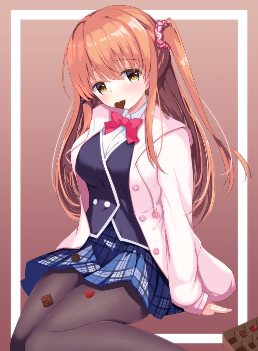 1girl, arm_at_side, black_pantyhose, blue_skirt, blush, border, bow, bowtie, breasts, brown_background, brown_eyes, brown_hair, candy, cardigan, chocolate, collared_shirt, commentary_request, feet_out_of_frame, food, food_in_mouth, hair_between_eyes, hair_ornament, hair_scrunchie, hairclip, heart, heart-shaped_chocolate, highres, himeno_sena, kisuish, koi_kakeru_shin-ai_kanojo, large_breasts, long_hair, looking_at_viewer, miniskirt, open_cardigan, open_clothes, pantyhose, pink_cardigan, pink_scrunchie, plaid, plaid_skirt, red_bow, red_bowtie, school_uniform, scrunchie, shirt, shy, sidelocks, simple_background, sitting, skirt, sleeves_past_wrists, solo, straight_hair, two_side_up, valentine, wariza, white_border, white_shirt