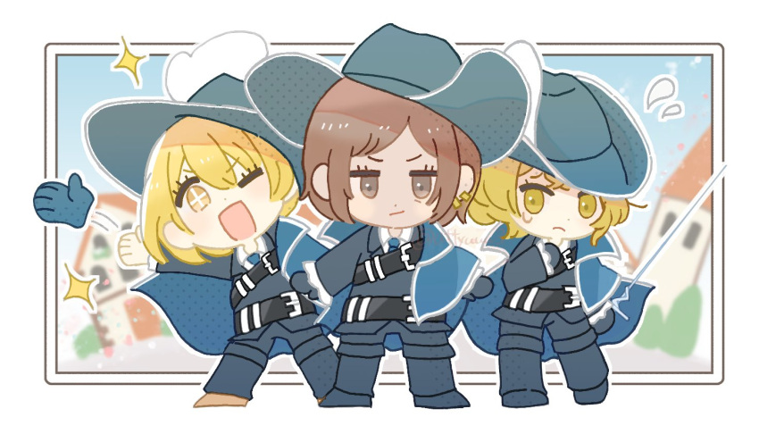 alternate_skin_color, asage_(attyuuu3), blonde_hair, blue_cape, blue_gloves, blue_headwear, blue_jacket, blue_necktie