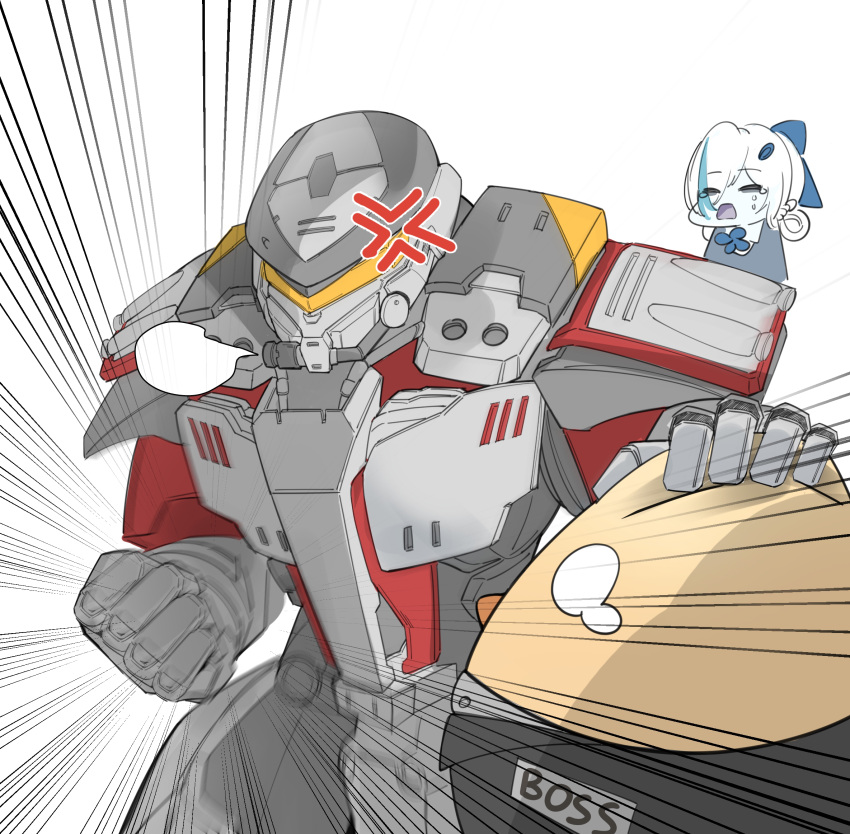 1boy, 1girl, 1other, anger_vein, angry, armored_bodysuit, azur_lane, blue_hair, clenched_hand, closed_eyes, colored_skin, commander_(azur_lane), commentary_request, crying, dress, exoskeleton, hair_over_one_eye, head_grab, highres, holding_another's_head, incoming_attack, incoming_punch, manjuu_(azur_lane), multicolored_hair, pale_skin, punching, stenerwg, streaked_hair, tb_(azur_lane), tears, threat, two-tone_hair, white_hair, white_skin