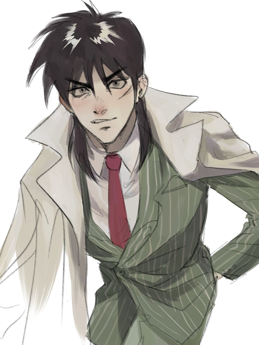 1boy, black_eyes, black_hair, coat, coat_on_shoulders, collared_shirt, commentary_request, cowboy_shot, green_jacket, hair_between_eyes, hand_in_pocket, highres, itou_kaiji, jacket, kaiji, korean_commentary, long_bangs, long_hair, looking_at_viewer, male_focus, necktie, panespaghetti, red_necktie, scar, scar_on_cheek, scar_on_face, shirt, simple_background, solo, striped_clothes, striped_jacket, suit, v-shaped_eyebrows, vertical-striped_clothes, vertical-striped_jacket, white_coat, white_shirt