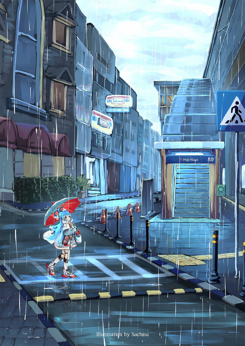 blue_hair, blue_umbrella, boots, clouds, cloudy_sky, crosswalk, crosswalk_sign, highres, holding, holding_umbrella, hololive, hololive_indonesia, kobo_kanaeru, kobo_kanaeru_(1st_costume), landscape, loli, long_hair, rain, raincoat, road, road_sign, sachisudesu, sign, sky, stairs, statue, street, traffic_cone, umbrella, urban, virtual_youtuber, walking, water_drop, window