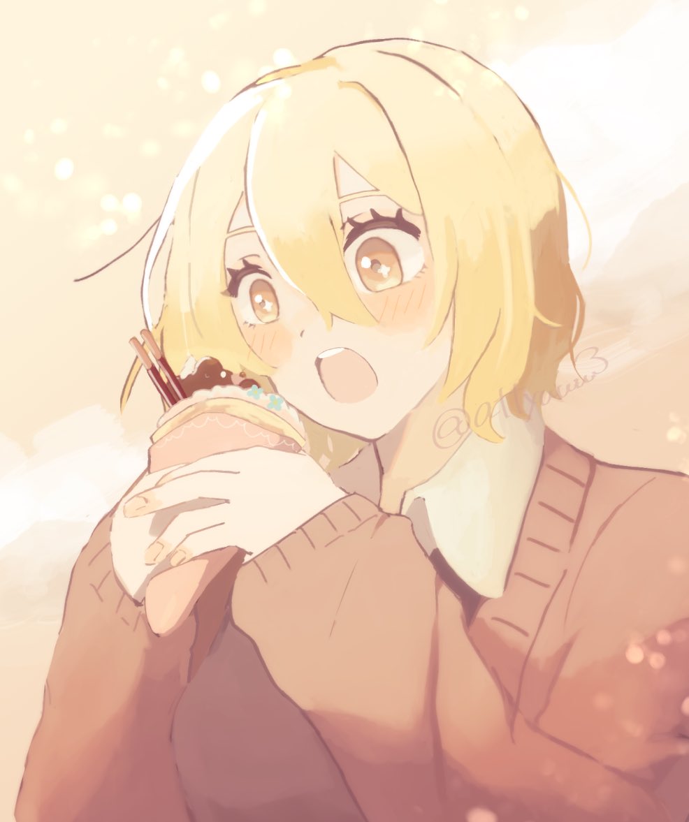 1girl, asage_(attyuuu3), blonde_hair, blush, brown_cardigan, cardigan, collared_shirt, crepe