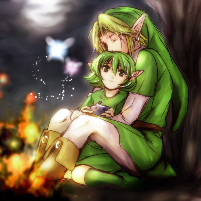 1girl, age_difference, campfire, cloud, clouds, couple, elf, fairy