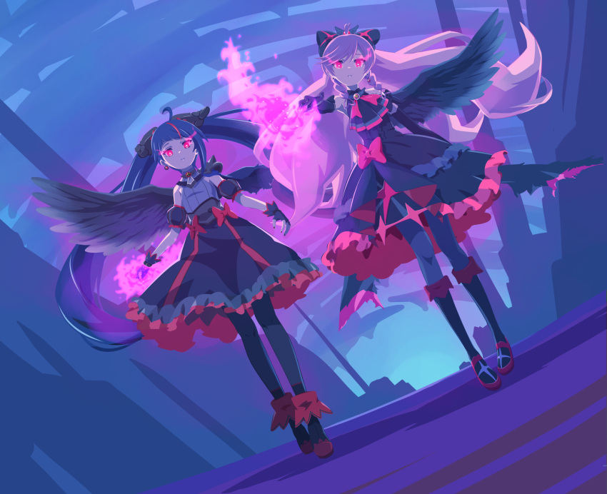 2girls, 32zzz, angel_wings, ankle_boots, armor, ascot, asymmetrical_bangs, bare_shoulders