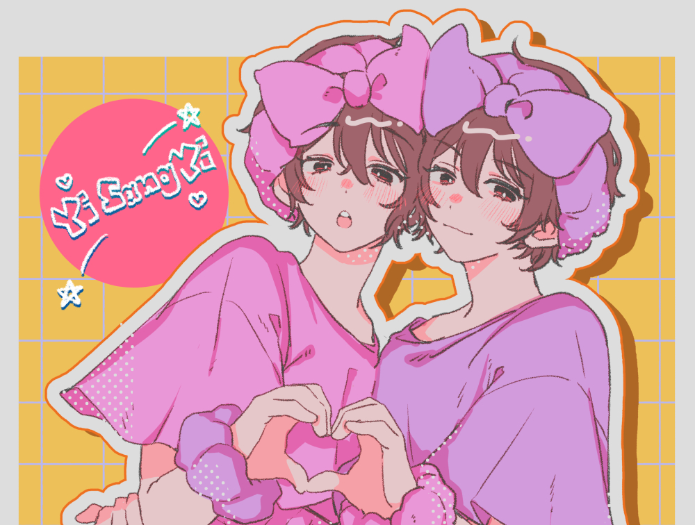 2boys, black_eyes, black_hair, blush, bow, closed_mouth, dual_persona, head_scarf, heart, heart_hands, limbus_company, looking_at_viewer, multiple_boys, open_mouth, pink_bow, pink_headwear, pink_shirt, project_moon, purple_bow, purple_headwear, purple_shirt, sang_yi_(project_moon), scrunchie, shirt, short_sleeves, uchimura_(rino0525), upper_body, wrist_scrunchie, yi_sang_(project_moon)