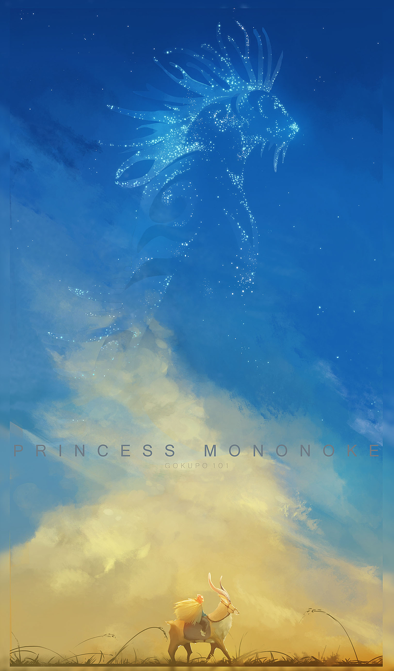 1boy, 1other, animal, artist_name, ashitaka, clouds, copyright_name, daidarabocchi_(mononoke_hime), english_commentary, gokupo101, highres, horns, mononoke_hime, red_hood, red_mask, riding, sky, star_(sky), straw_cape, yakul